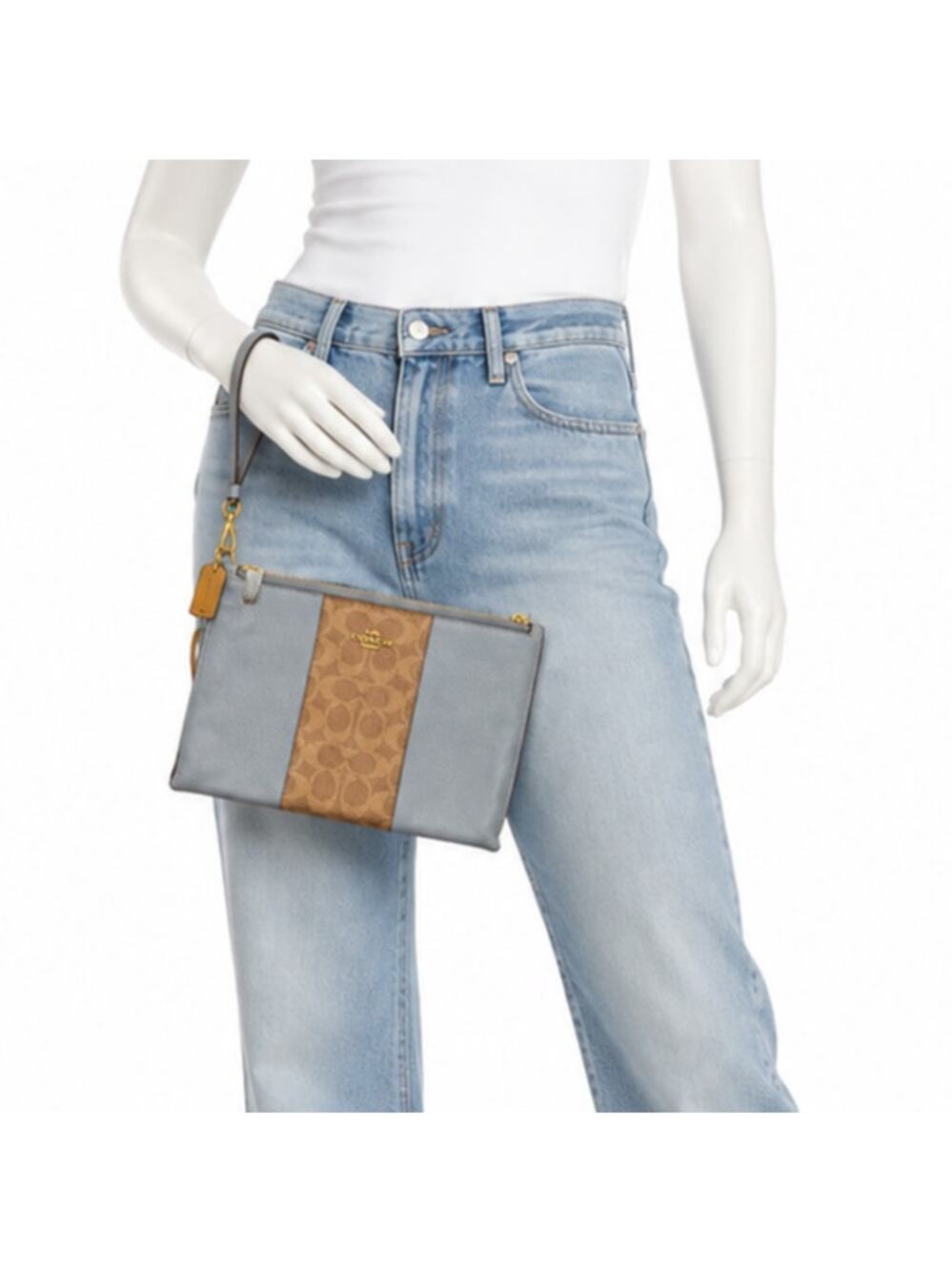 Coach Charlie Pouch Colorblock Signature Canvas Leather Wristlet Blue Tan Gold